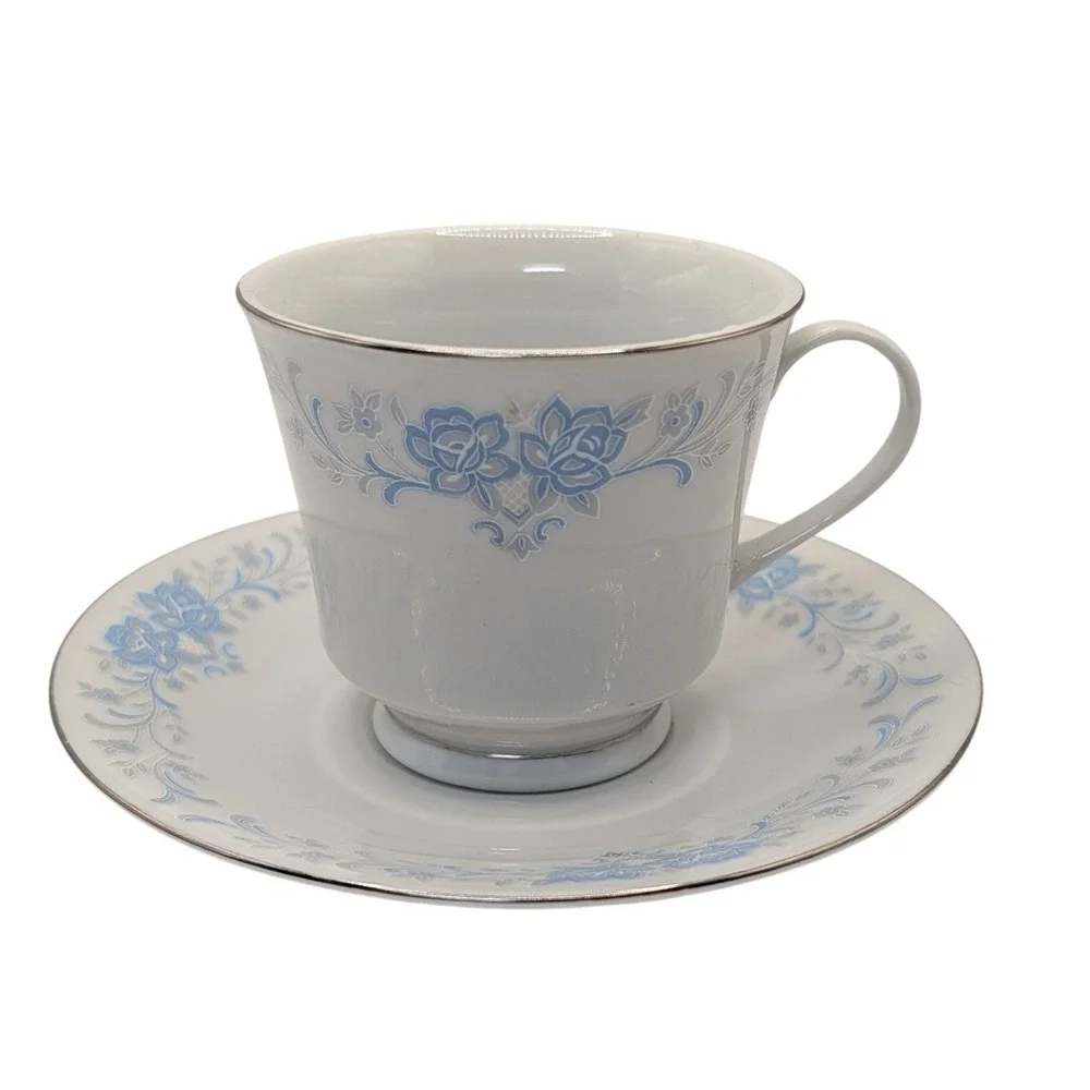 Vintage China‎ Teacup and Saucer Footed Blue and Gray Floral Platinum Edge